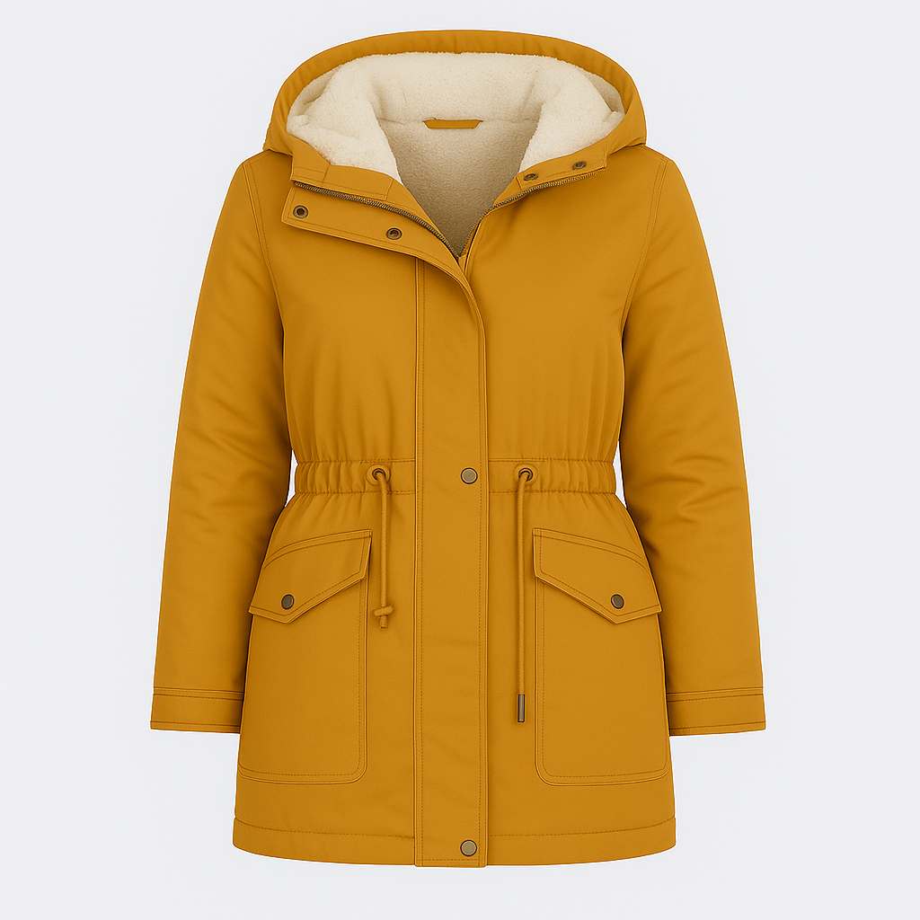 Parka jacket with a hood lined in soft fleece, front zipper and snap closure, drawstring waist for a fitted silhouette, flap pockets with button closures, and adjustable cuffs.