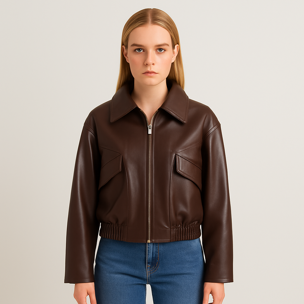 A cropped dark brown faux leather jacket with a pointed collar, zip front, flap chest pockets, and an elasticated hem.