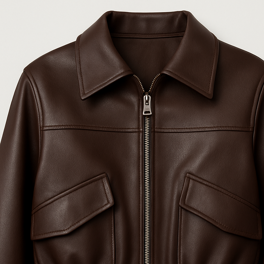 A cropped dark brown faux leather jacket with a pointed collar, zip front, flap chest pockets, and an elasticated hem.