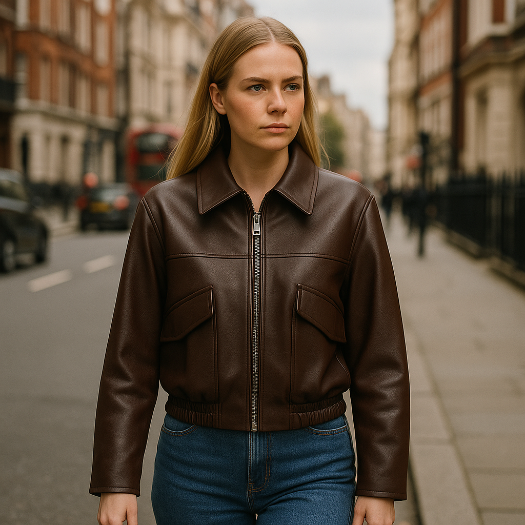 A cropped dark brown faux leather jacket with a pointed collar, zip front, flap chest pockets, and an elasticated hem.