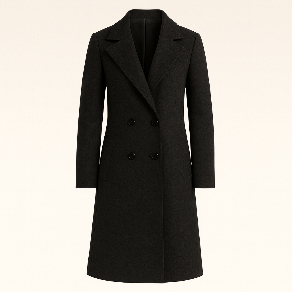 Double-breasted overcoat with notched lapel collar, tailored fit, and longline silhouette, styled with a minimal layered outfit