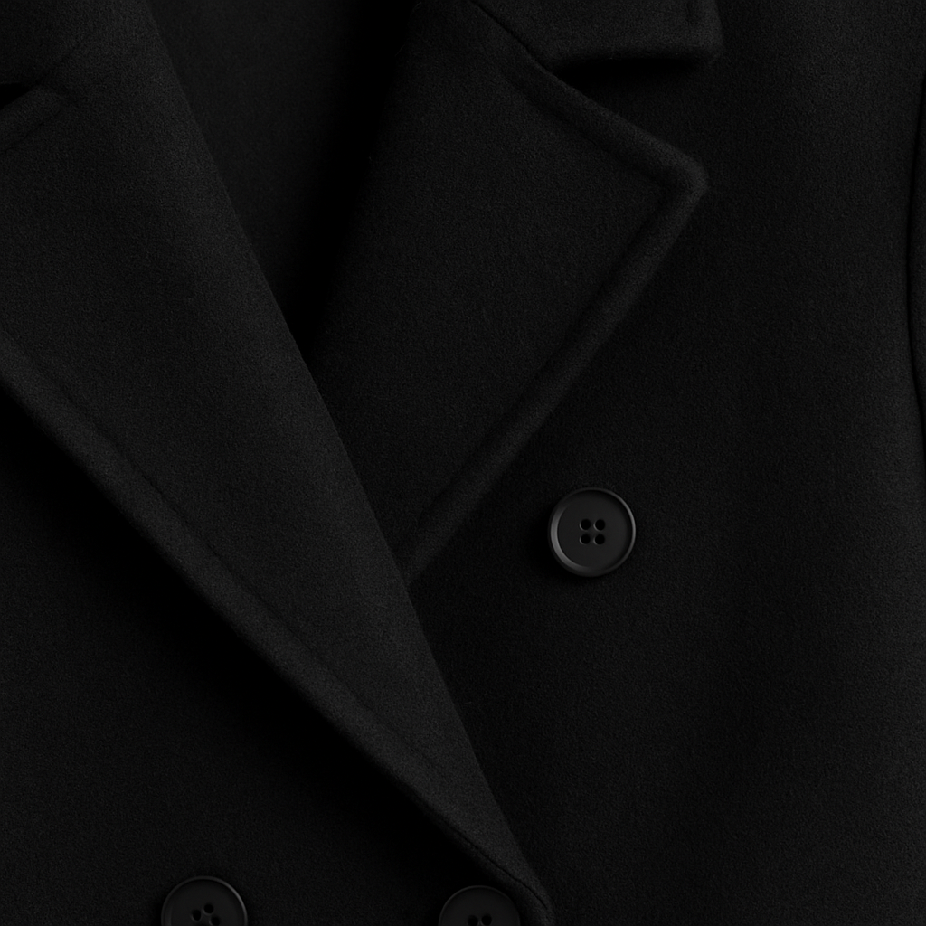 Double-breasted overcoat with notched lapel collar, tailored fit, and longline silhouette, styled with a minimal layered outfit