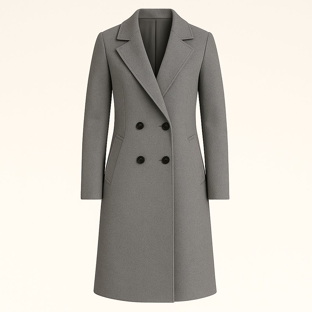 Double-breasted overcoat with notched lapel collar, tailored fit, and longline silhouette, styled with a minimal layered outfit