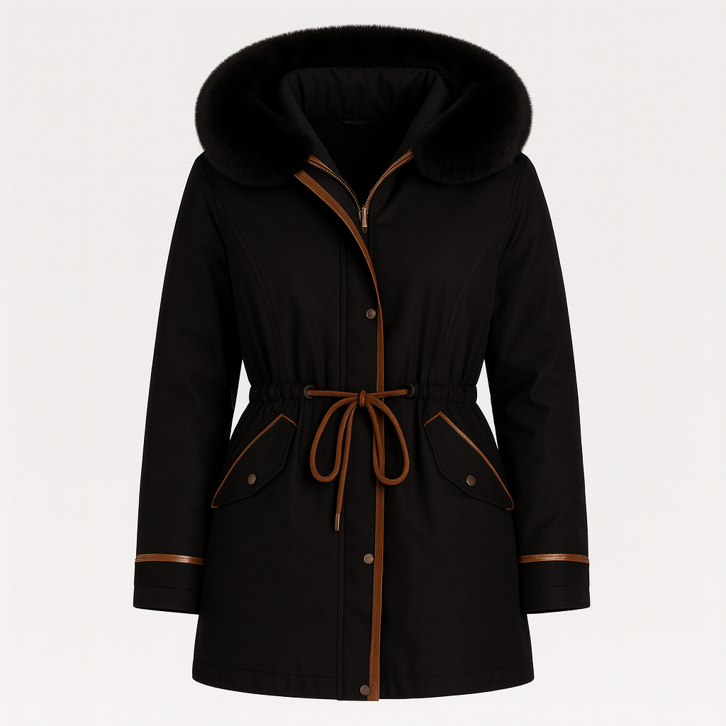 Mid-length coat with a wide fur-trimmed hood, front zipper and snap closure, adjustable drawstring waist, flap pockets, and contrasting trim detailing.