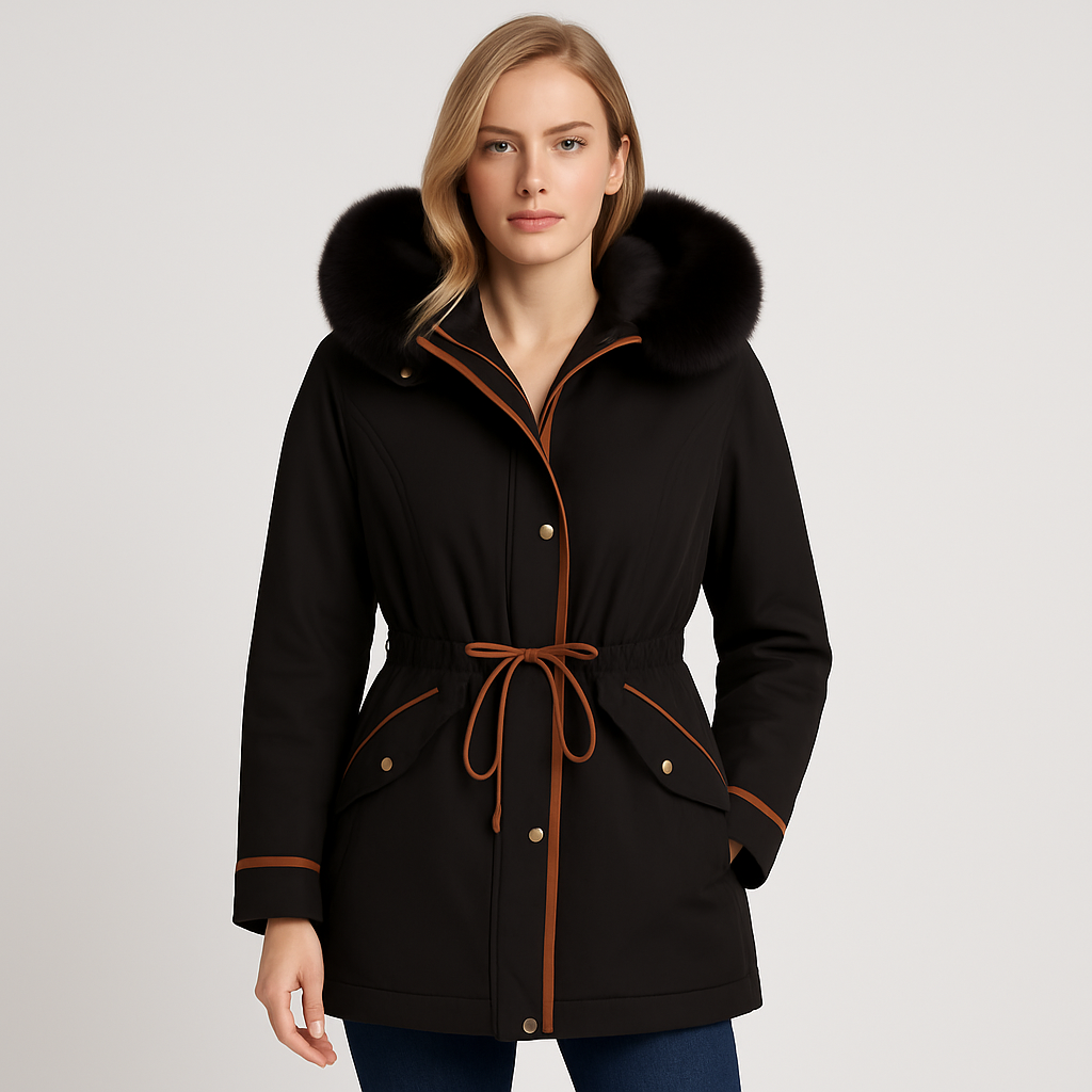 Mid-length coat with a wide fur-trimmed hood, front zipper and snap closure, adjustable drawstring waist, flap pockets, and contrasting trim detailing.