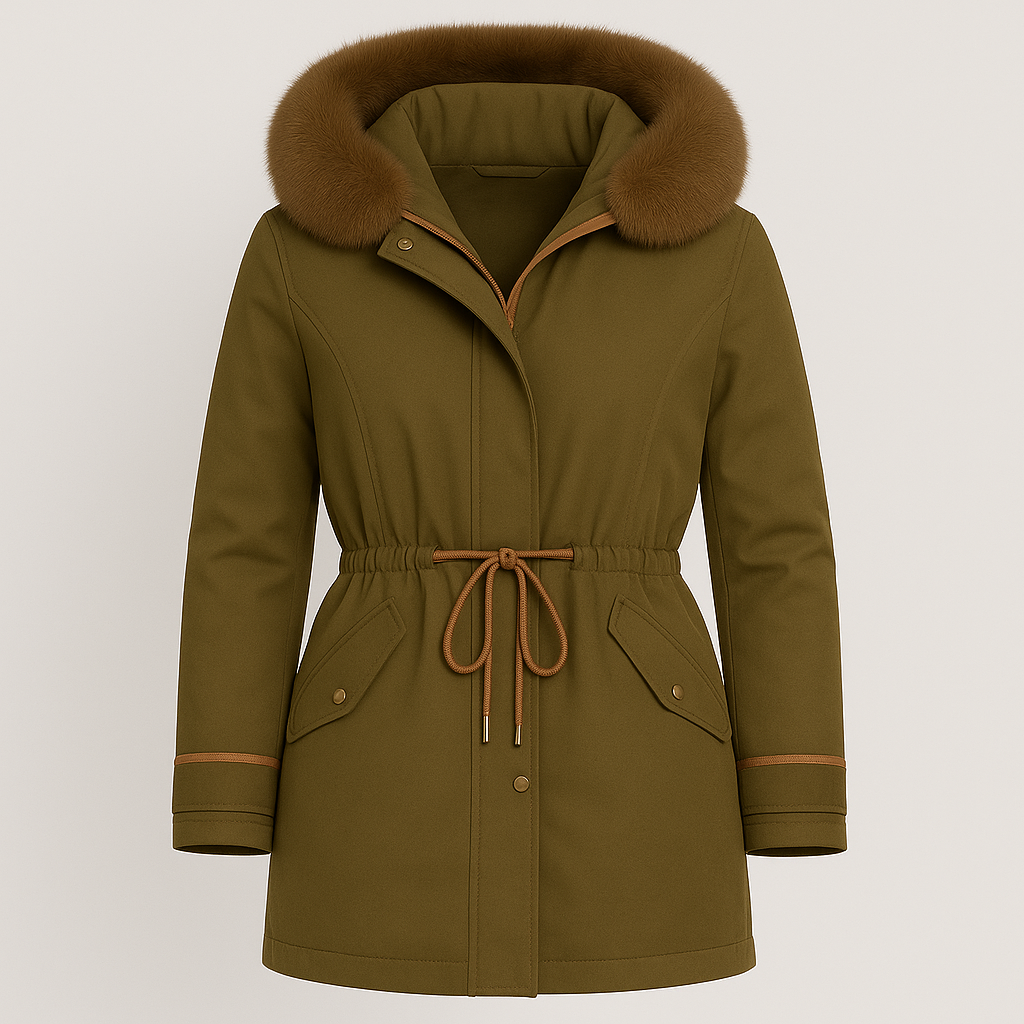 Mid-length coat with a wide fur-trimmed hood, front zipper and snap closure, adjustable drawstring waist, flap pockets, and contrasting trim detailing.