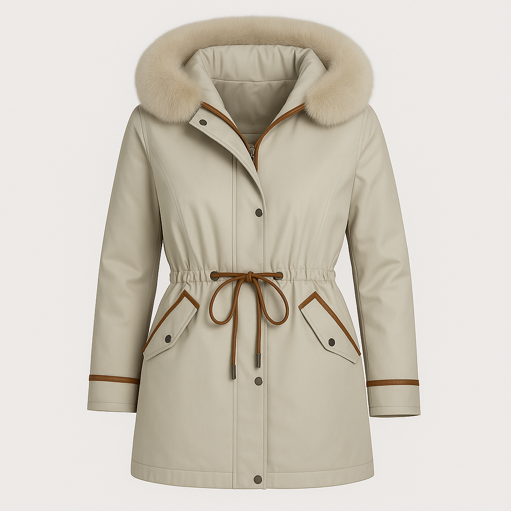 Mid-length coat with a wide fur-trimmed hood, front zipper and snap closure, adjustable drawstring waist, flap pockets, and contrasting trim detailing.