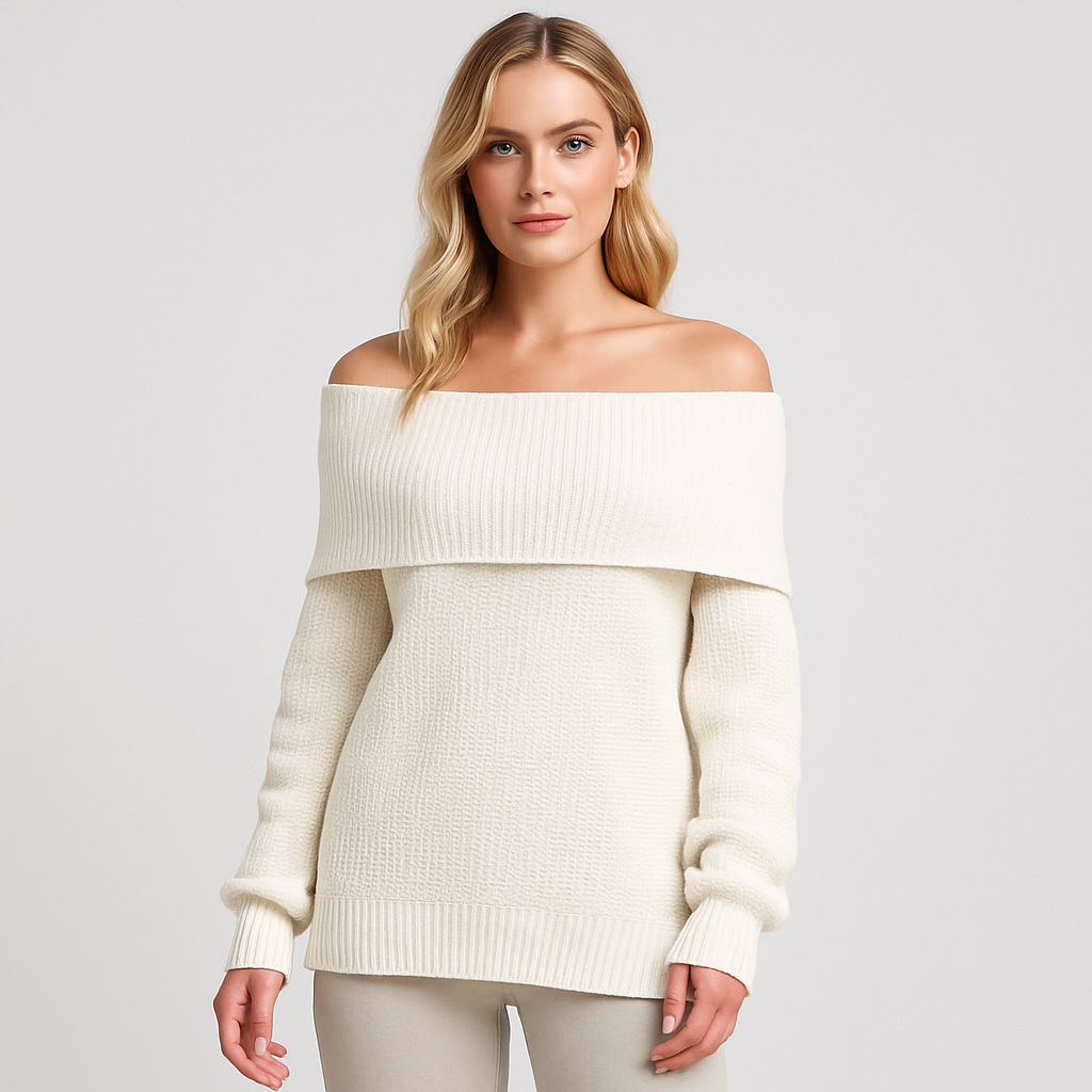 A white off-shoulder sweater with a fold-over neckline and relaxed fit, styled with long sleeves and ribbed knit texture