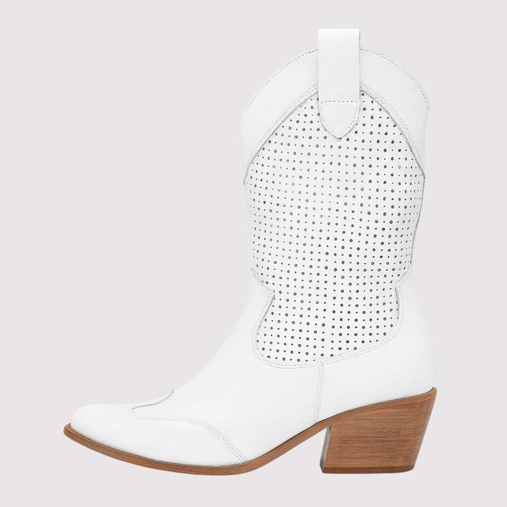 Mid-calf Western boots with perforated detailing, pull-on tabs, and block heel for a stylish everyday look