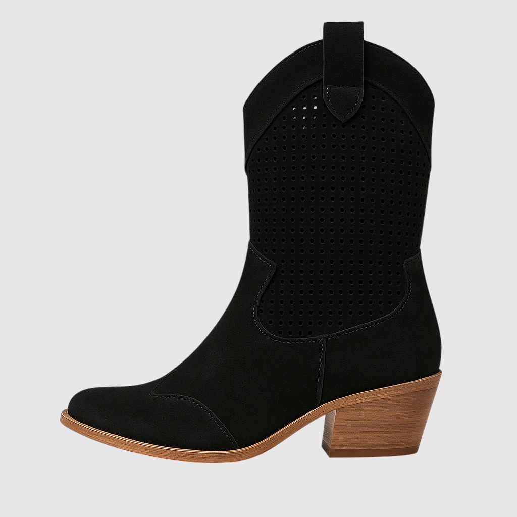 Mid-calf Western boots with perforated detailing, pull-on tabs, and block heel for a stylish everyday look