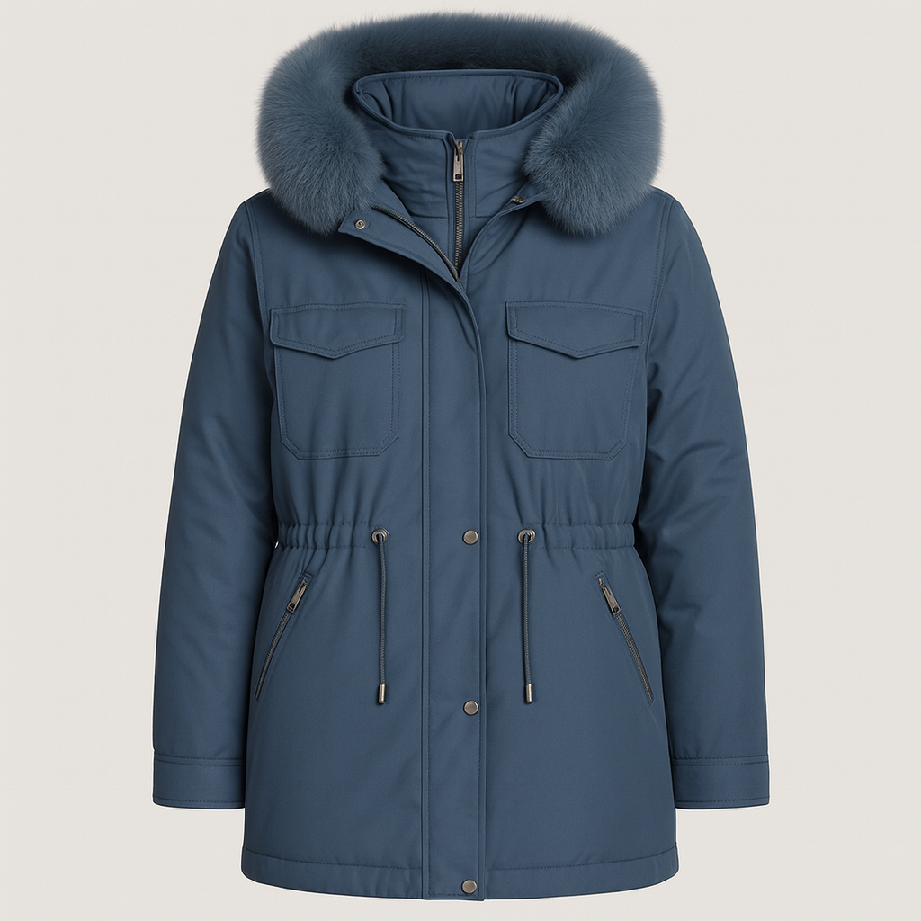 coat with a fur-trimmed hood, front zipper and snap closure, flap chest pockets, zip side pockets, and an adjustable drawstring waist.