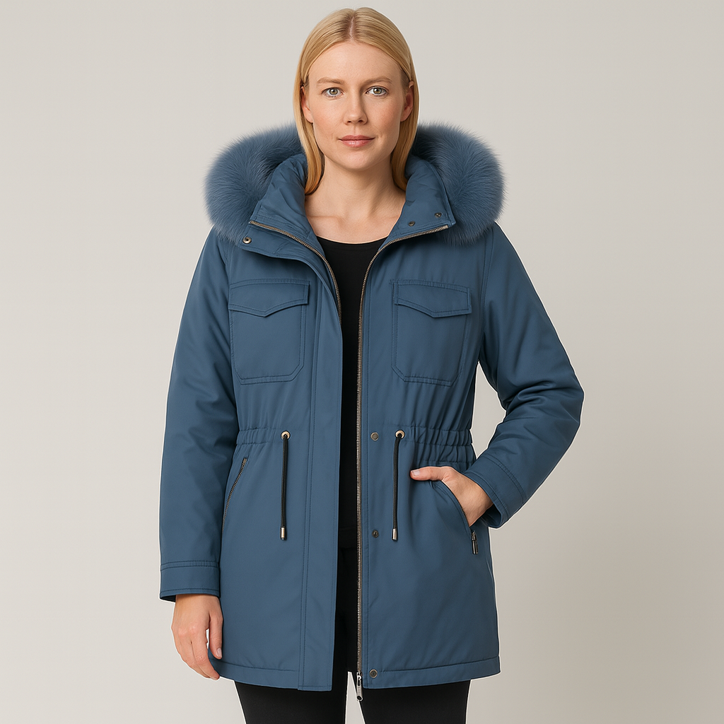 coat with a fur-trimmed hood, front zipper and snap closure, flap chest pockets, zip side pockets, and an adjustable drawstring waist.
