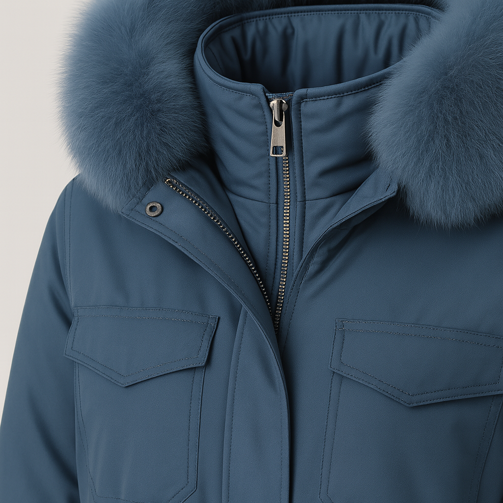 coat with a fur-trimmed hood, front zipper and snap closure, flap chest pockets, zip side pockets, and an adjustable drawstring waist.