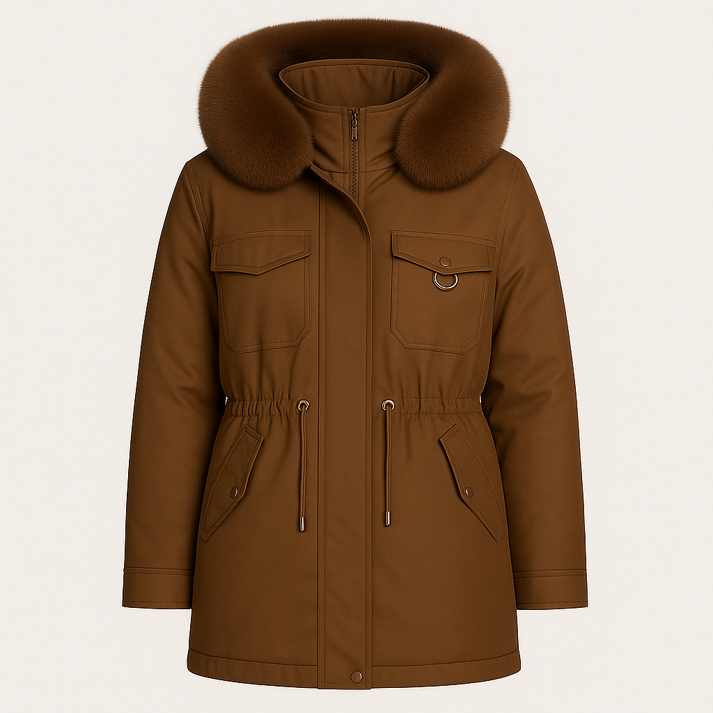 coat with a fur-trimmed hood, front zipper and snap closure, flap chest pockets, zip side pockets, and an adjustable drawstring waist.