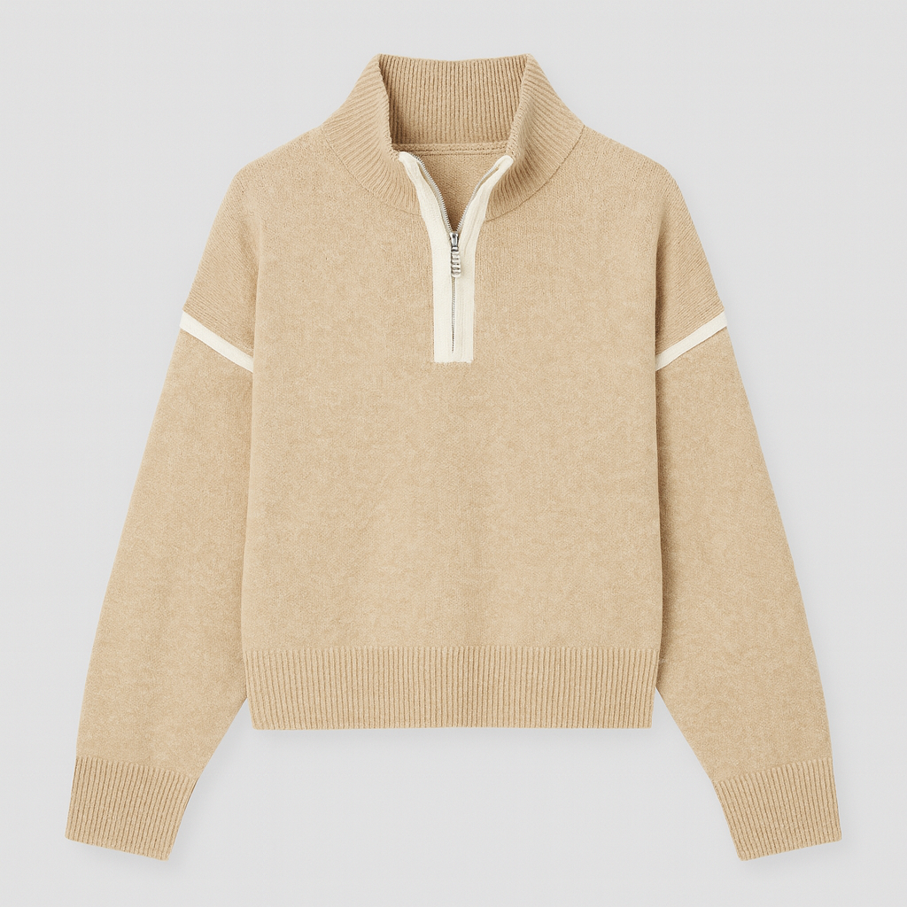 A beige half-zip pullover sweater with white trim