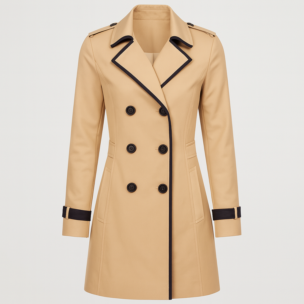 Double-breasted trench coat with contrast trim, notched lapel collar, belted cuffs, and tailored fit, styled with a minimal base outfit