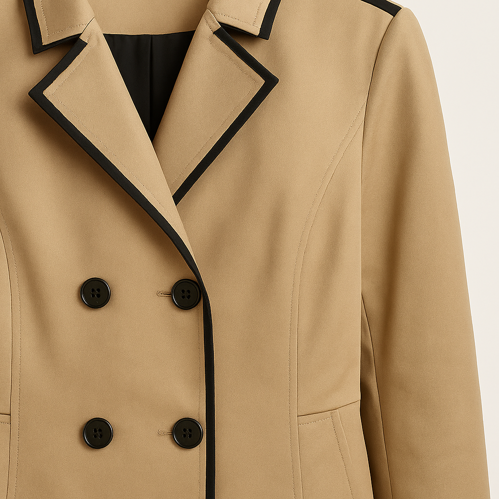 Double-breasted trench coat with contrast trim, notched lapel collar, belted cuffs, and tailored fit, styled with a minimal base outfit