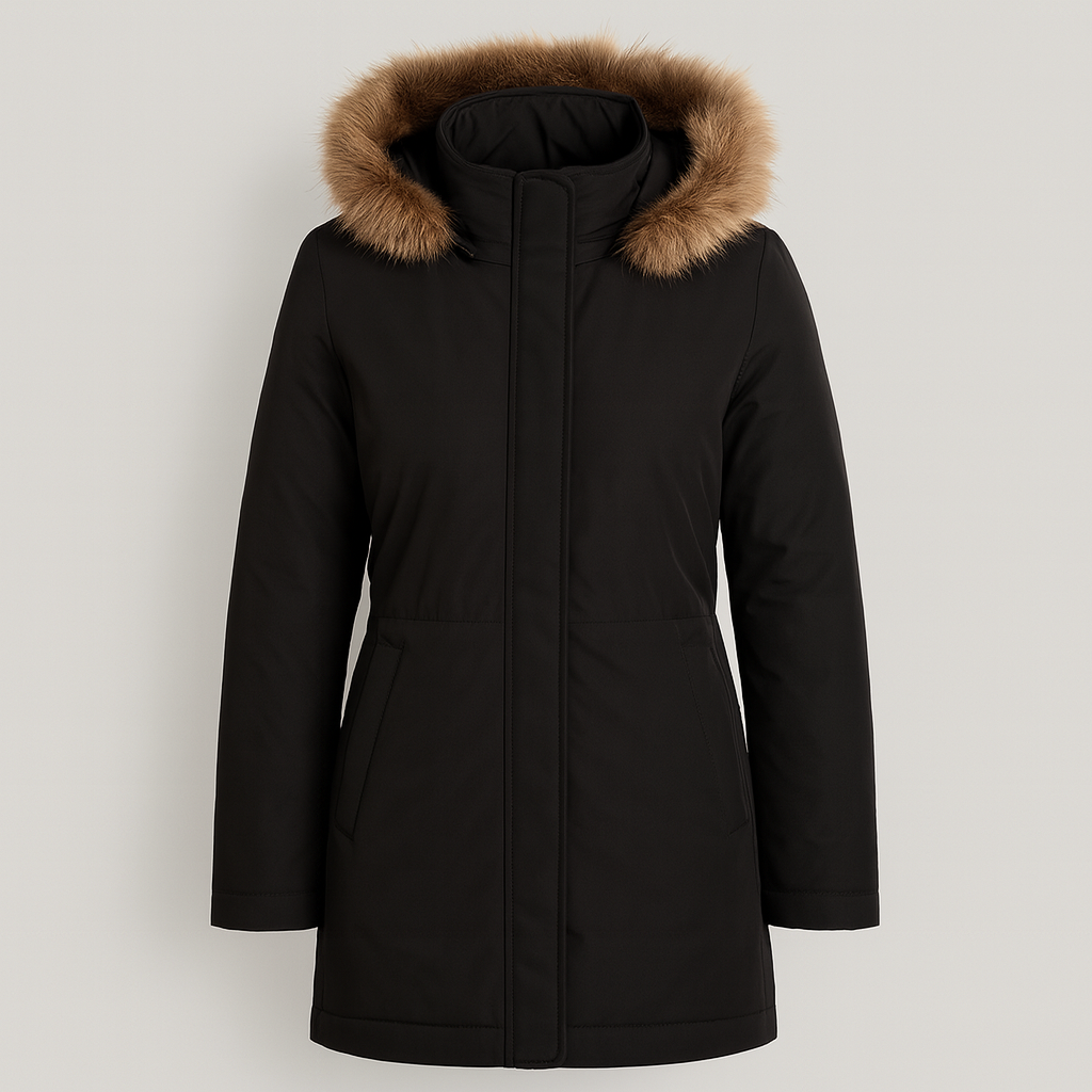 Winter coat with a fur-trimmed hood, concealed front zipper, straight sleeves, and slanted side pockets.