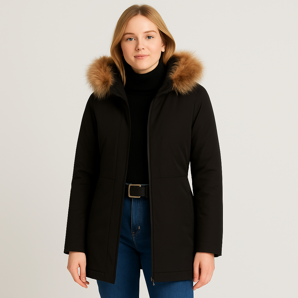 Winter coat with a fur-trimmed hood, concealed front zipper, straight sleeves, and slanted side pockets.