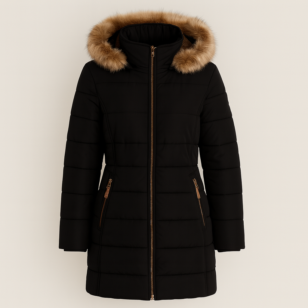 Mid-length quilted coat with a fur-trimmed hood, snap and zipper front closure, long sleeves with inner cuffs, and slanted zip pockets.