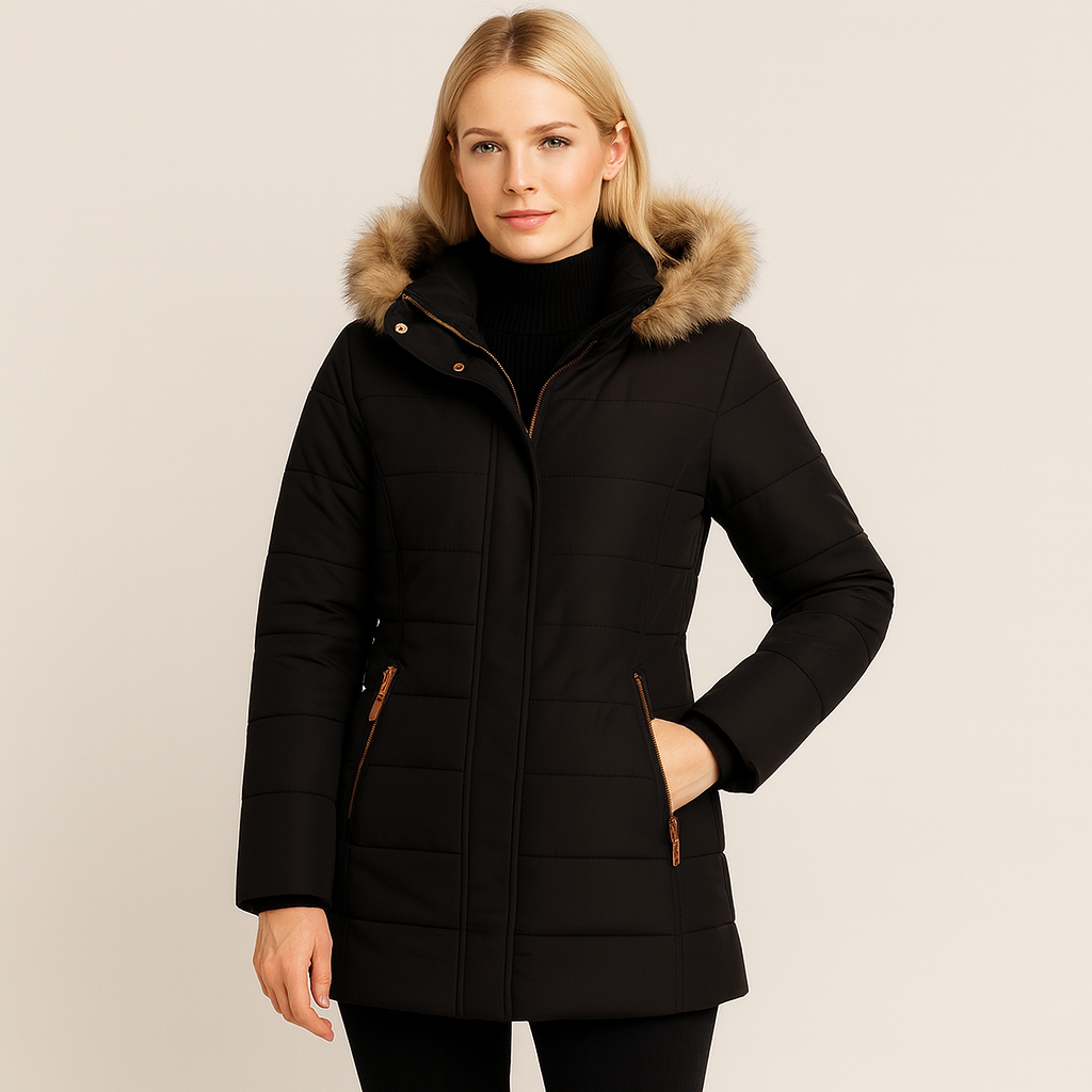 Mid-length quilted coat with a fur-trimmed hood, snap and zipper front closure, long sleeves with inner cuffs, and slanted zip pockets.