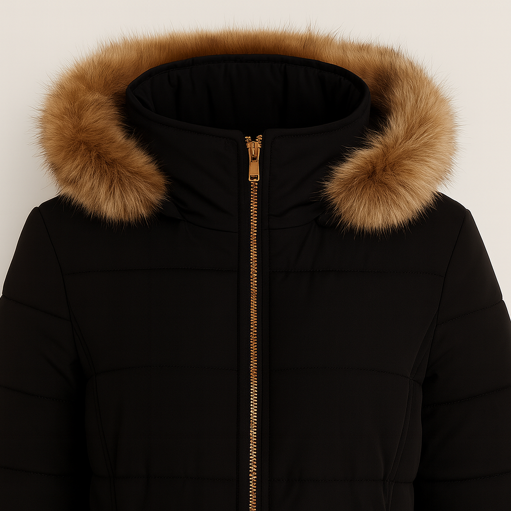 Mid-length quilted coat with a fur-trimmed hood, snap and zipper front closure, long sleeves with inner cuffs, and slanted zip pockets.