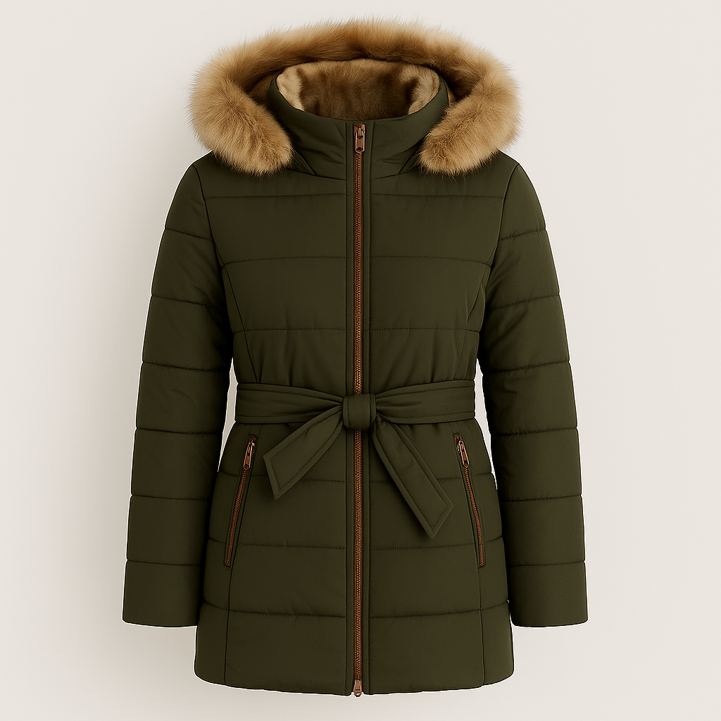 Mid-length quilted coat with a fur-trimmed hood, snap and zipper front closure, long sleeves with inner cuffs, and slanted zip pockets.