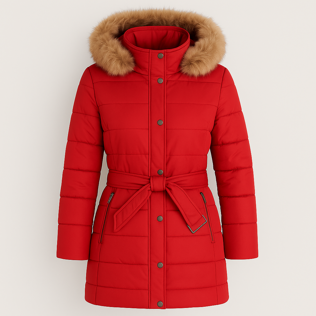 Mid-length quilted coat with a fur-trimmed hood, snap and zipper front closure, long sleeves with inner cuffs, and slanted zip pockets.