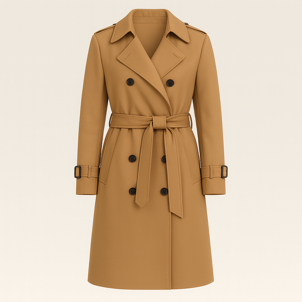 Belted trench coat with double-breasted closure, notched lapel collar, and tailored silhouette, styled with a minimal base layer