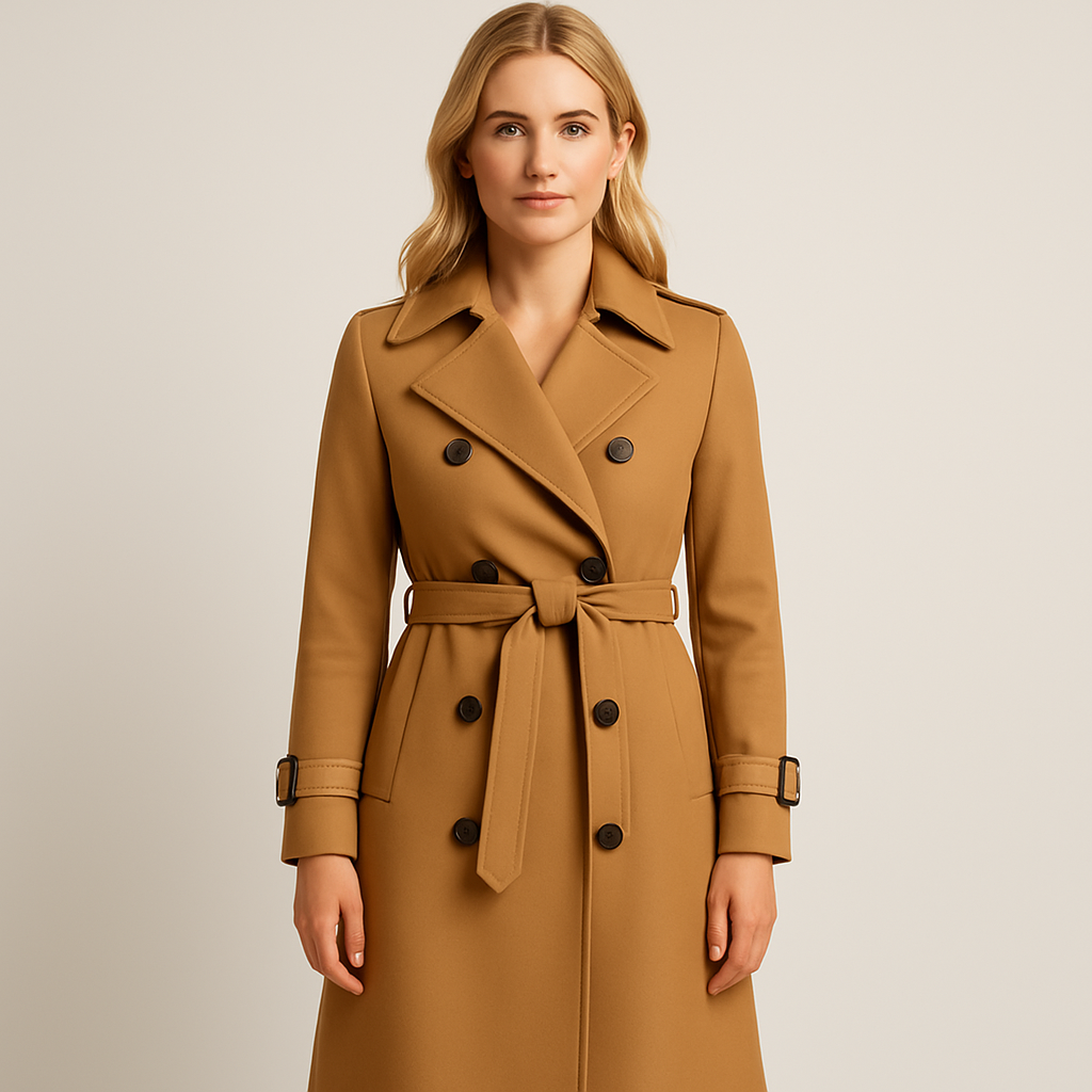 Belted trench coat with double-breasted closure, notched lapel collar, and tailored silhouette, styled with a minimal base layer