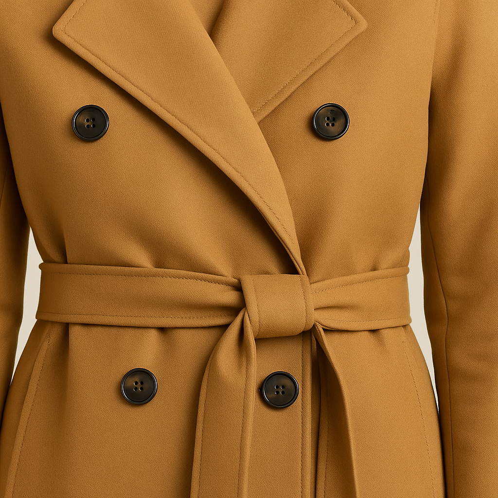 Belted trench coat with double-breasted closure, notched lapel collar, and tailored silhouette, styled with a minimal base layer
