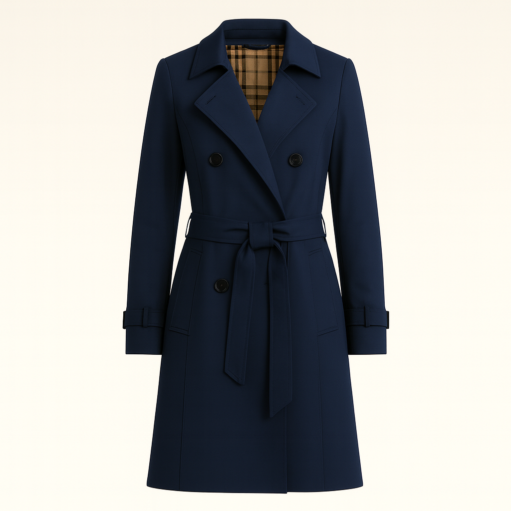 Belted trench coat with double-breasted closure, notched lapel collar, and tailored silhouette, styled with a minimal base layer