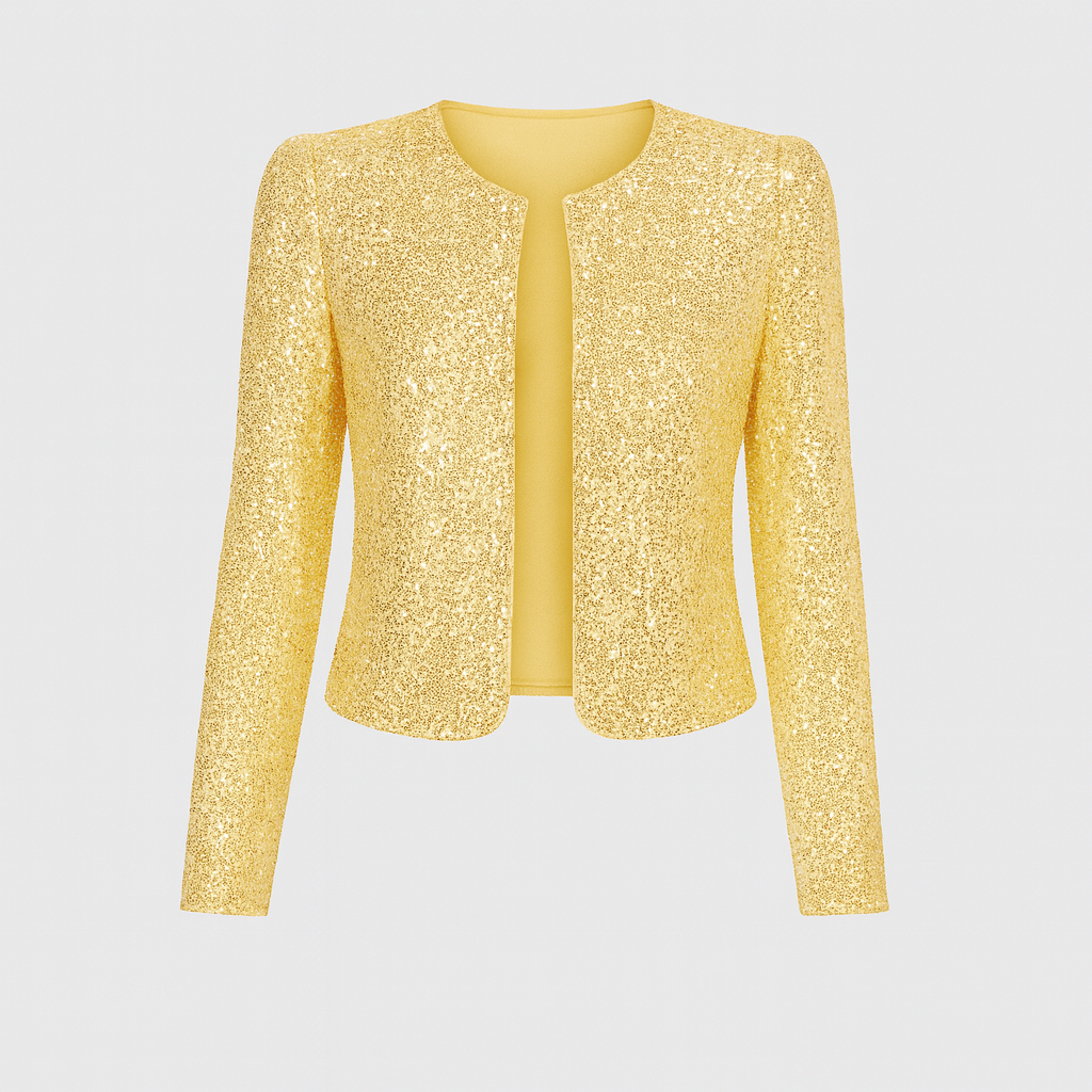 A fitted open-front jacket with long sleeves, a round neckline, and all-over sequin embellishments.