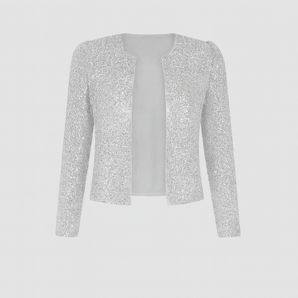 A fitted open-front jacket with long sleeves, a round neckline, and all-over sequin embellishments.