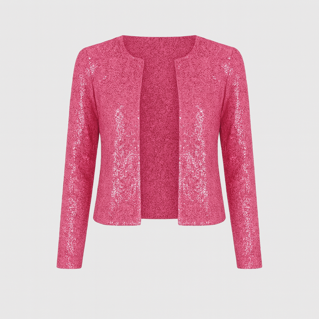 A fitted open-front jacket with long sleeves, a round neckline, and all-over sequin embellishments.