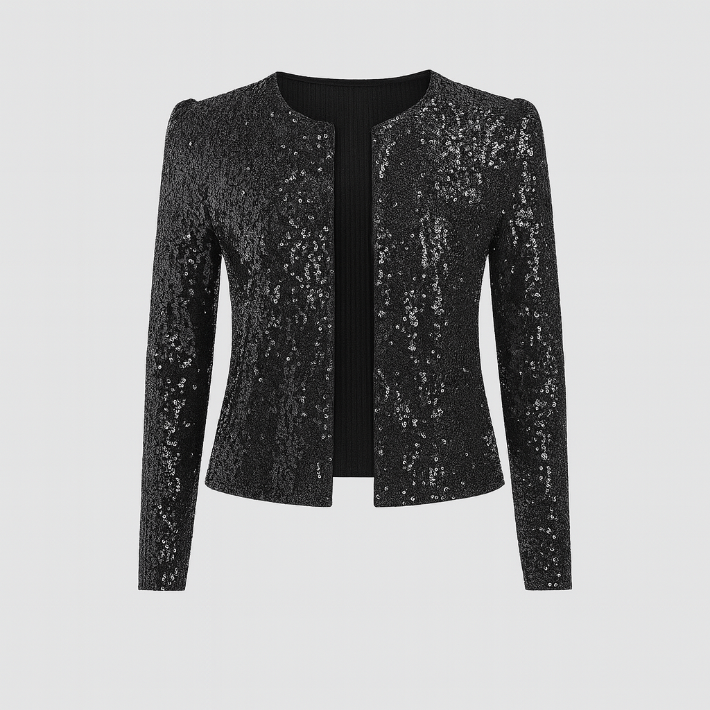 A fitted open-front jacket with long sleeves, a round neckline, and all-over sequin embellishments.