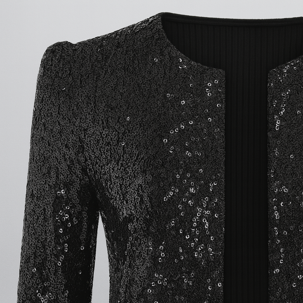 A fitted open-front jacket with long sleeves, a round neckline, and all-over sequin embellishments.