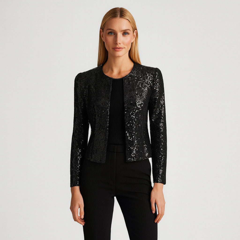 A fitted open-front jacket with long sleeves, a round neckline, and all-over sequin embellishments.