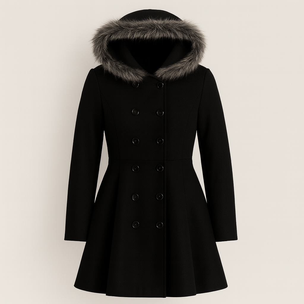 Fit-and-flare coat with a faux fur-trimmed hood, double-breasted button closure, long sleeves, and a flared hemline.