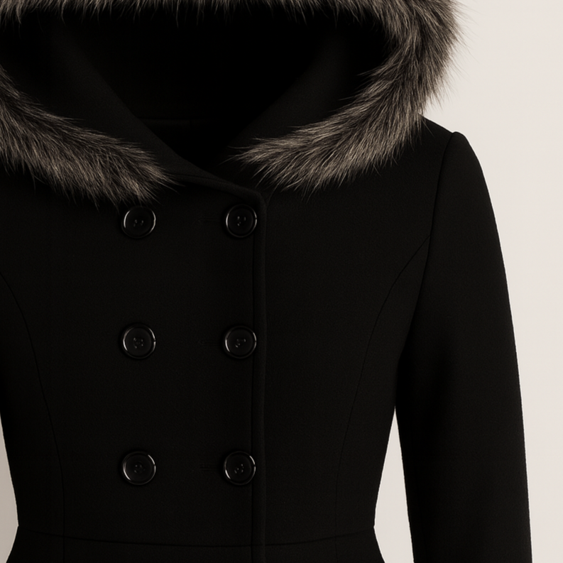 Fit-and-flare coat with a faux fur-trimmed hood, double-breasted button closure, long sleeves, and a flared hemline.