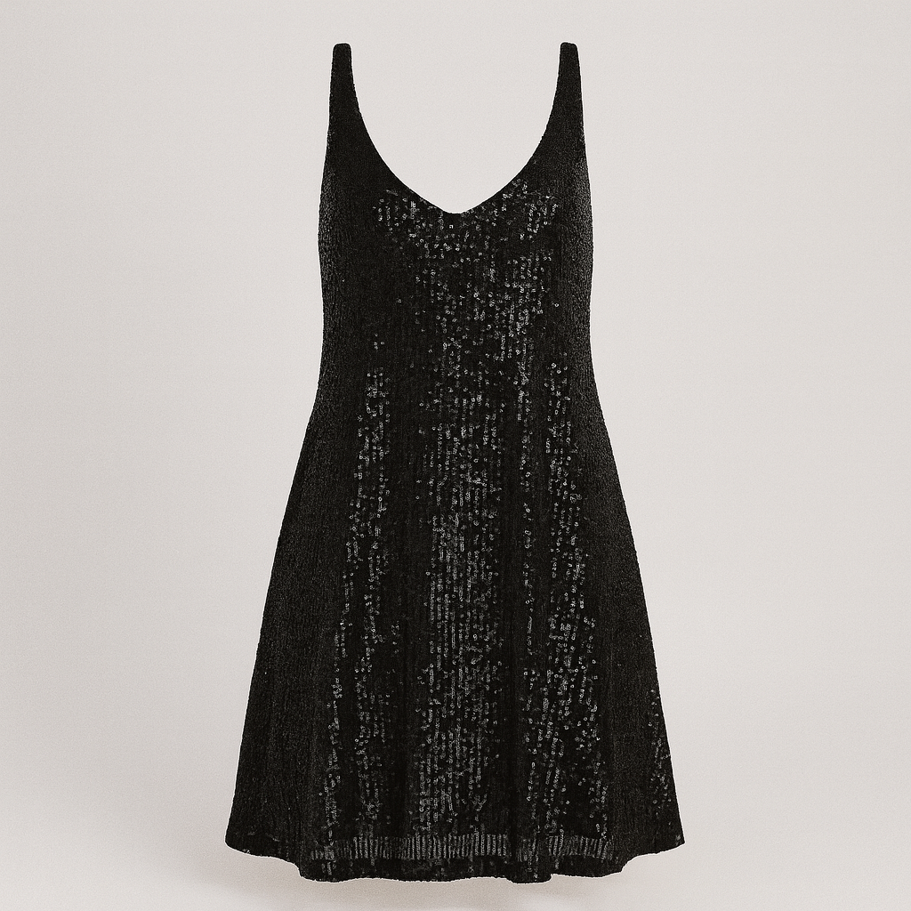 Sleeveless sequin mini dress with V-neckline, relaxed fit bodice, and gathered waist.