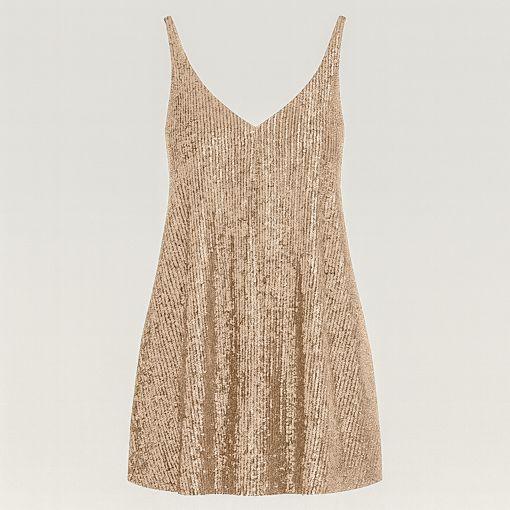 Sleeveless sequin mini dress with V-neckline, relaxed fit bodice, and gathered waist.