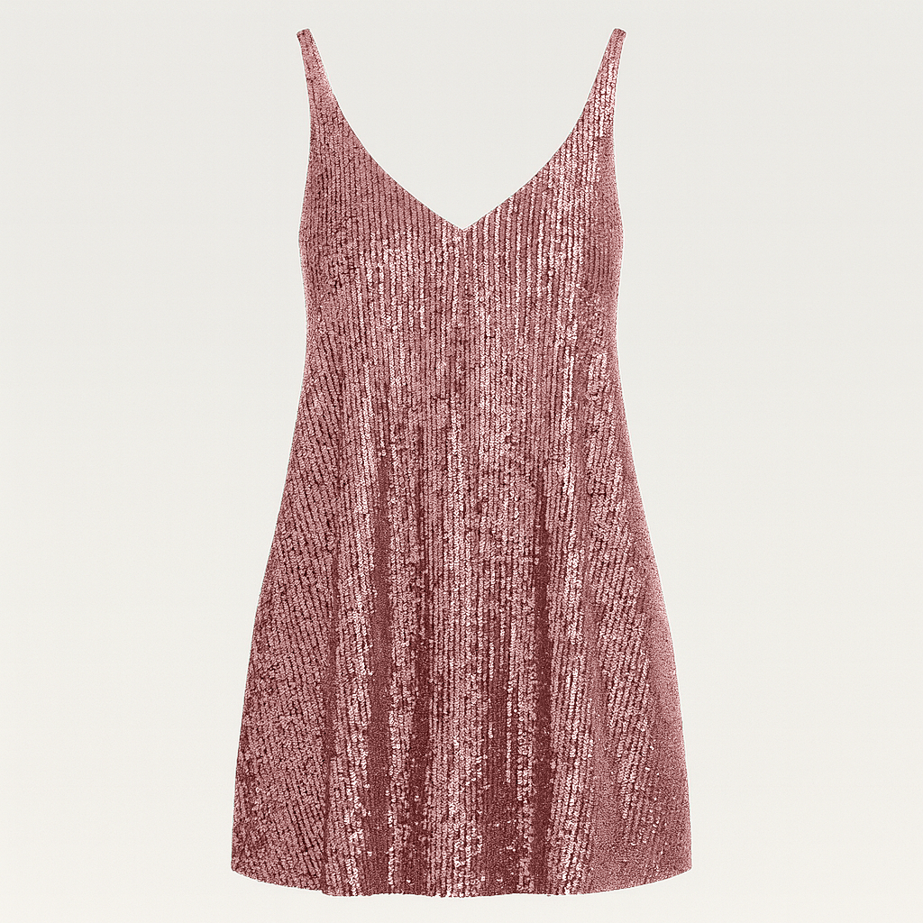 Sleeveless sequin mini dress with V-neckline, relaxed fit bodice, and gathered waist.