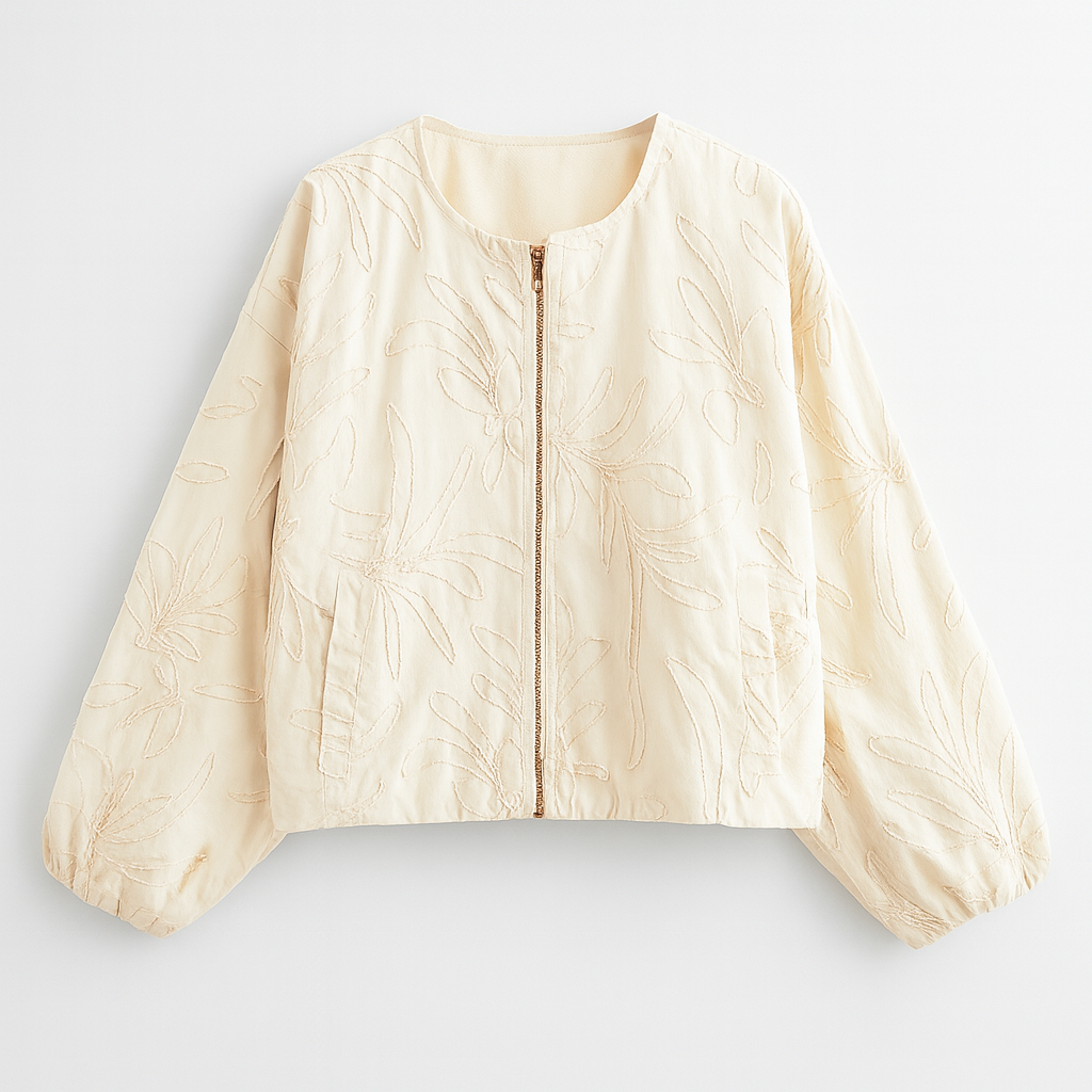A structured jacket with long sleeves, a round neckline, gold-tone buttons, and faux leather trim.