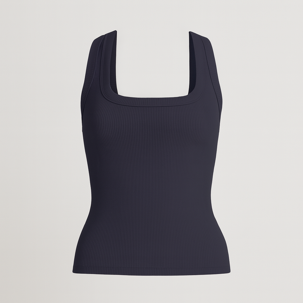 Ribbed tank top with a slim fit, square neckline, wide straps, and stretchy cotton-blend fabric.