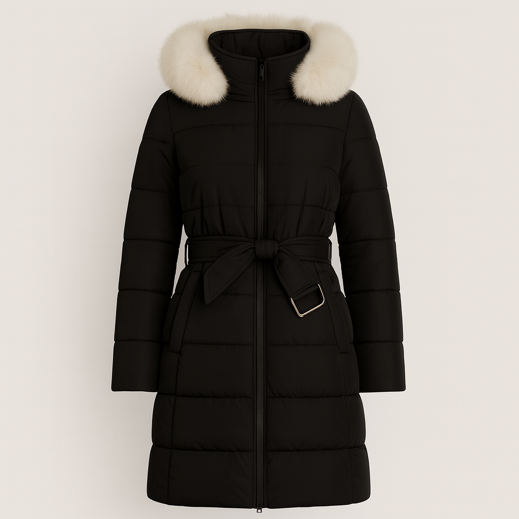 Long quilted coat with a fur-trimmed hood, front zipper closure, belted waist with buckle detail, and side flap pockets.