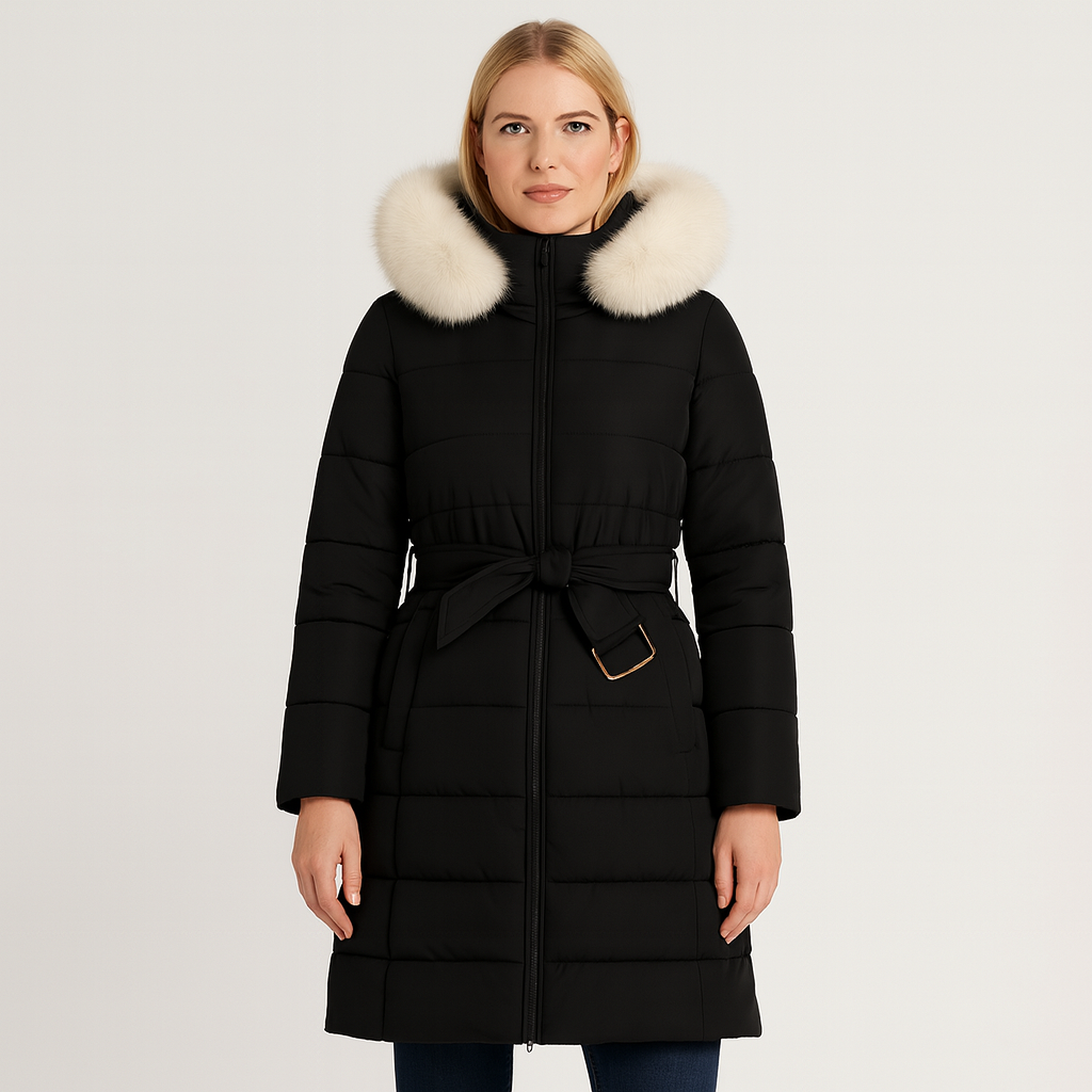 Long quilted coat with a fur-trimmed hood, front zipper closure, belted waist with buckle detail, and side flap pockets.