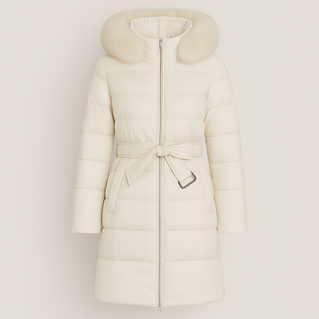 Long quilted coat with a fur-trimmed hood, front zipper closure, belted waist with buckle detail, and side flap pockets.