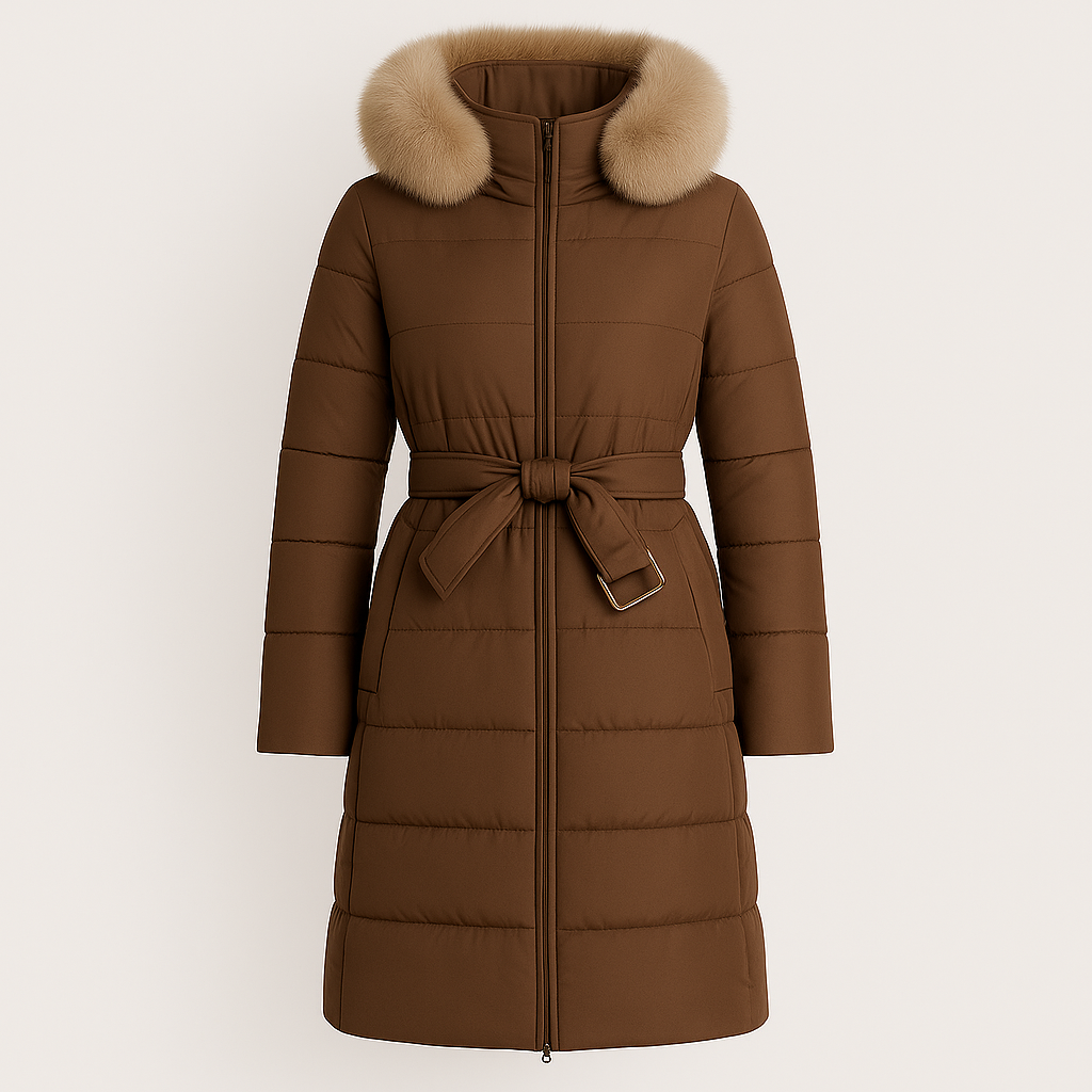 Long quilted coat with a fur-trimmed hood, front zipper closure, belted waist with buckle detail, and side flap pockets.