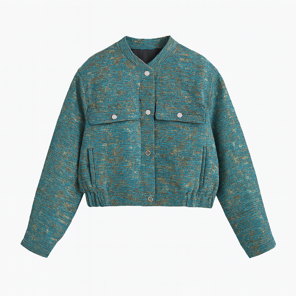 A cropped textured jacket with long sleeves, a round neckline, and flap chest pockets.